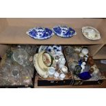 THREE BOXES OF CERAMICS AND GLASS, ETC, to include Poole Pottery flan dish, two blue and white
