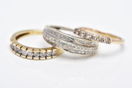 THREE DIAMOND SET RINGS, to include a 9ct gold half eternity ring set with a row of channel set
