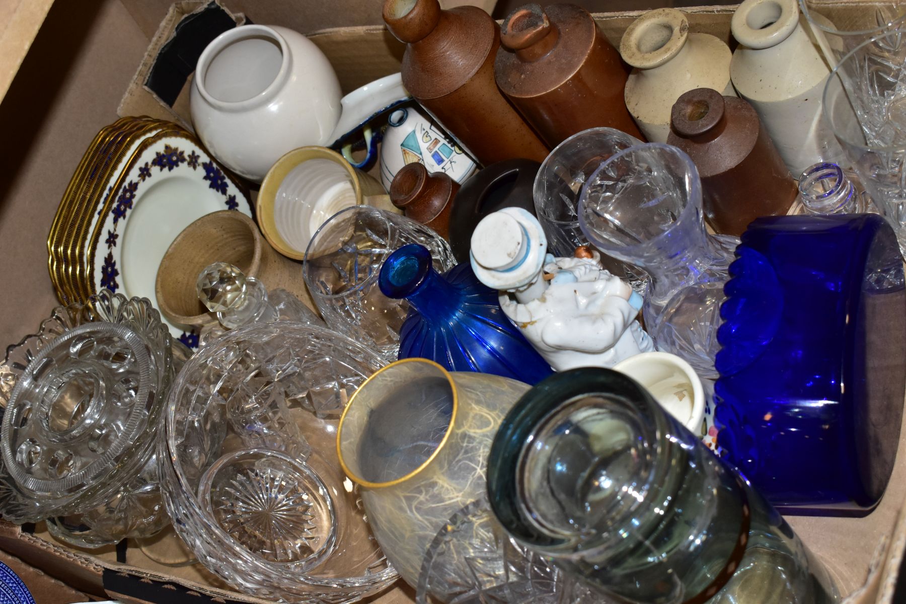 THREE BOXES OF CERAMICS AND GLASS, ETC, to include Poole Pottery flan dish, two blue and white - Image 5 of 9