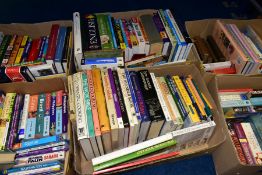 SIX BOXES OF BOOKS CONTAINING OVER ONE HUNDRED AND FORTY TITLES, subjects include travel guides,