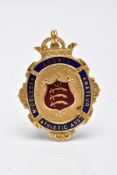 A 9CT GOLD ENAMELLED FOB MEDAL, of an oval form decorated with red and blue enamel for 'Middlesex