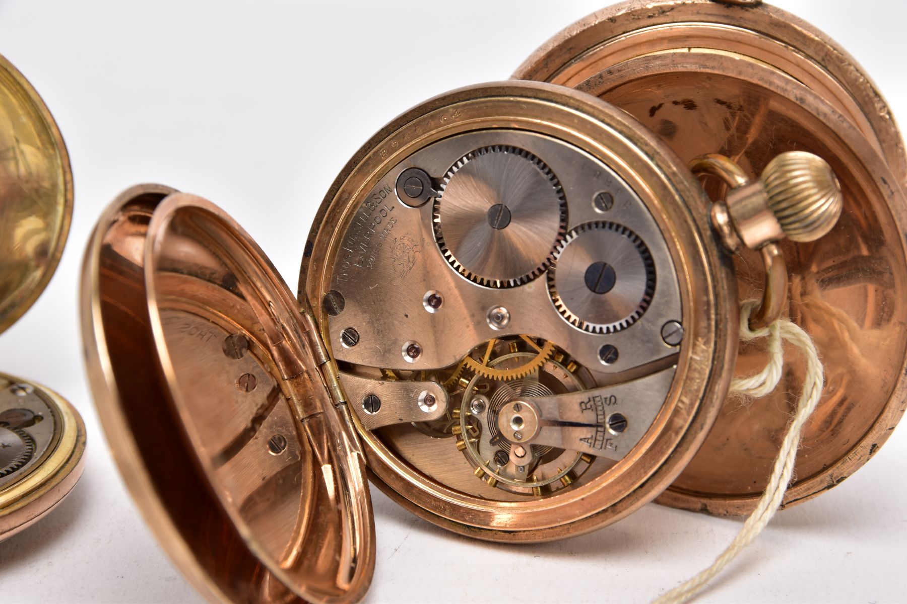 THREE GOLD PLATED OPEN FACED POCKET WATCHES, the first with a white dial signed 'Eros', Arabic - Image 6 of 8