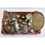 A BOX OF WHITE METALWARE, to include pieces such as two bell shaped hammer effect pewter tankards