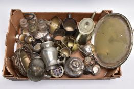 A BOX OF WHITE METALWARE, to include pieces such as two bell shaped hammer effect pewter tankards