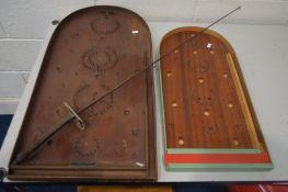 TWO VINTAGE BAGATELLE BOARDS, one labelled Moley Bogey, along with a fencing sword (3)