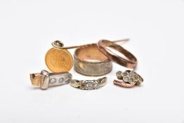 A SMALL QUANTITY OF JEWELLERY AND JEWELLERY PIECES, to include a yellow metal stick pin suspending