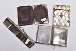 A SELECTION OF ITEMS, to include a silver cigarette case, of a rectangular form, engraved monogram