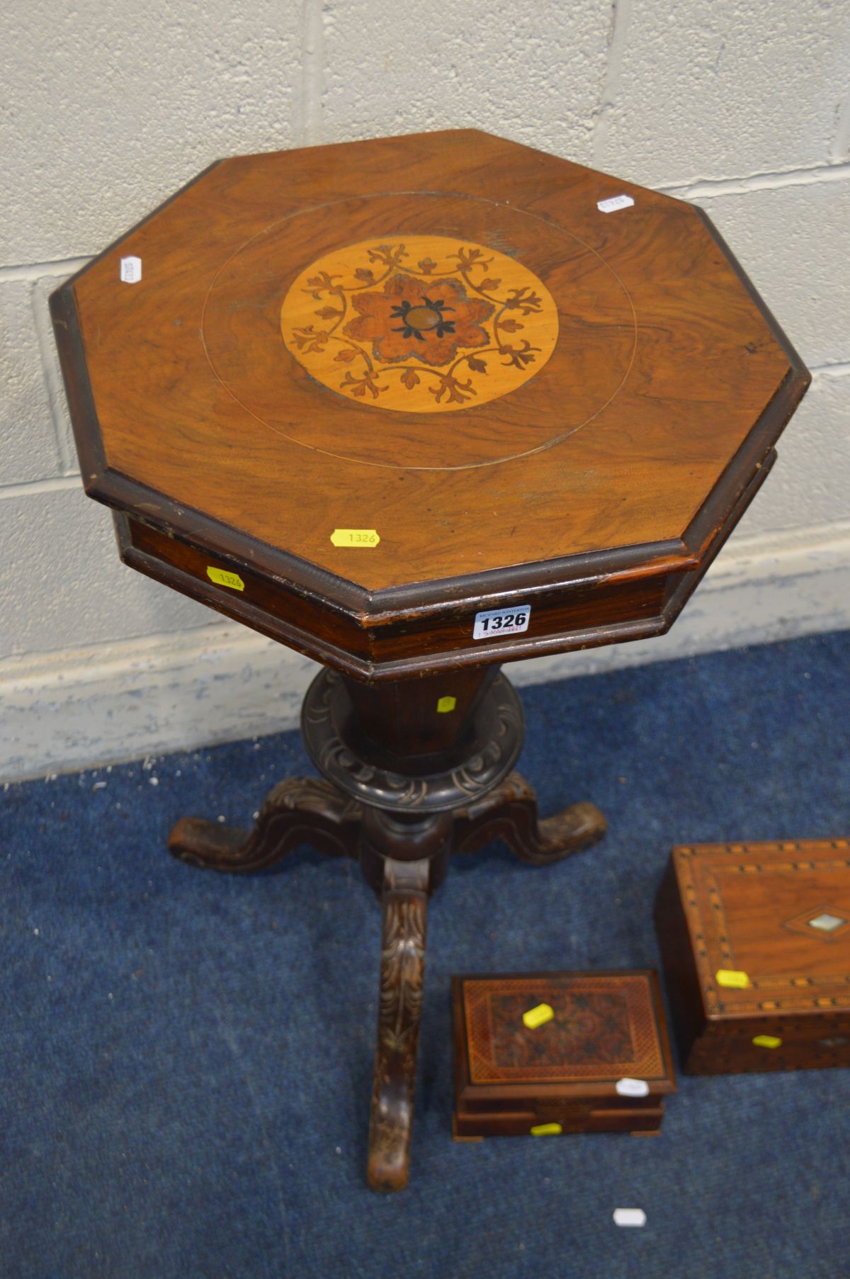 A LATE VICTORIAN WALNUT AND MARQUETRY INLAID OCTAGONAL TRUMPET WORK TABLE, with a fitted interior, - Image 2 of 6