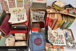 TWO BOXES OF STAMPS IN ALBUMS (junior type collections) and loose in tins/boxes, together with a
