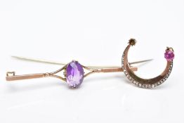 TWO YELLOW METAL BROOCHES, the first bar brooch designed with a claw set oval cut amethyst,