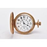 A GOLD PLATED FULL HUNTER POCKET WATCH, round white dial signed 'Elgin', double dial with Arabic