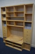 A BEECH MODULAR TV UNIT/BOOKCASE, with central tv stand, max tv size 45in, along with six desk