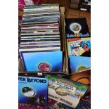 A TRAY CONTAINING OVER ONE HUNDRED AND TWENTY LP'S AND 12'' SINGLES including Blondie, The Band,