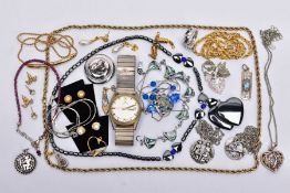 A SELECTION OF JEWELLERY, to include a white metal openwork rectangular pendant set with a