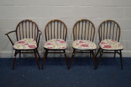 FOUR ERCOL MODEL 139 KITCHEN CHAIRS, with seat pads, including a carver chair