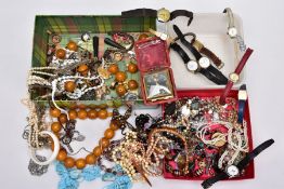 TWO BOXES OF ASSORTED COSTUME JEWELLERY, to include various beaded necklaces, imitation pearl