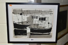 RICHARD TUFF (BRITISH 1965) 'FISHING TRAWLERS' a monochrome study of Cornish boats, signed bottom