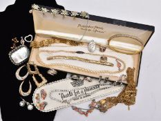 A BOX OF ASSORTED COSTUME JEWELLERY, to include a pair of 9ct gold textured square hoop earrings,