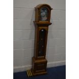 A REPRODUCTION GOLDEN OAK GRANDDAUGHTER CLOCK, with a brassed and silvered dial, moon automaton