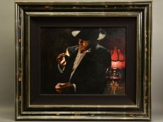 FABIAN PEREZ (ARGENTINA 1967) 'MAN LIGHTING A CIGARETTE II', a portrait of a male figure in a bar,