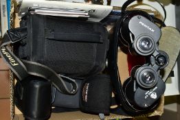 CAMERAS AND BINOCULARS comprising Fuji S5000 bridge camera, Fuji 265IX compact APS camera, Olympus