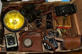 A BOX OF MOTORING EPHEMERA, BINOCULARS, CAMERAS, etc, including a Keinzle clock, a pair of long