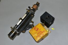 A STANLEY BLACK LACQUER AND BRASS THEODOLITE, No.27124, height 21cm, together with a boxed Kodak