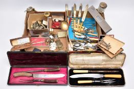 A BOX OF ASSORTED CUTLERY AND ITEMS, to include a box of white metal cutlery such as fish knives,