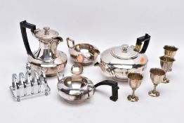 A BOX OF WHITE METALWARE, to include a four piece tea service set comprising of an EPBM black