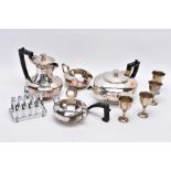 A BOX OF WHITE METALWARE, to include a four piece tea service set comprising of an EPBM black