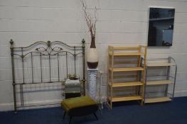 A MODERN BEECH FOLDING BOOKCASE, another folding bookcase, a metal 4ft6 headboard, retro sewing box,