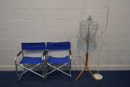 AN ADJUSTOFORM DRESSMAKERS MANNEQUIN, on a beech stand, along with a vintage metal IV drip bag