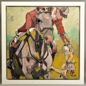 MARIEKE BEKKE (DUTCH 1985) 'BUDDIES', a huntsman astride a horse with his dog, signed bottom