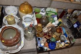 THREE BOXES AND LOOSE GLASSWARE AND CERAMICS, including a stoneware flagon, height 37cm, a stoneware