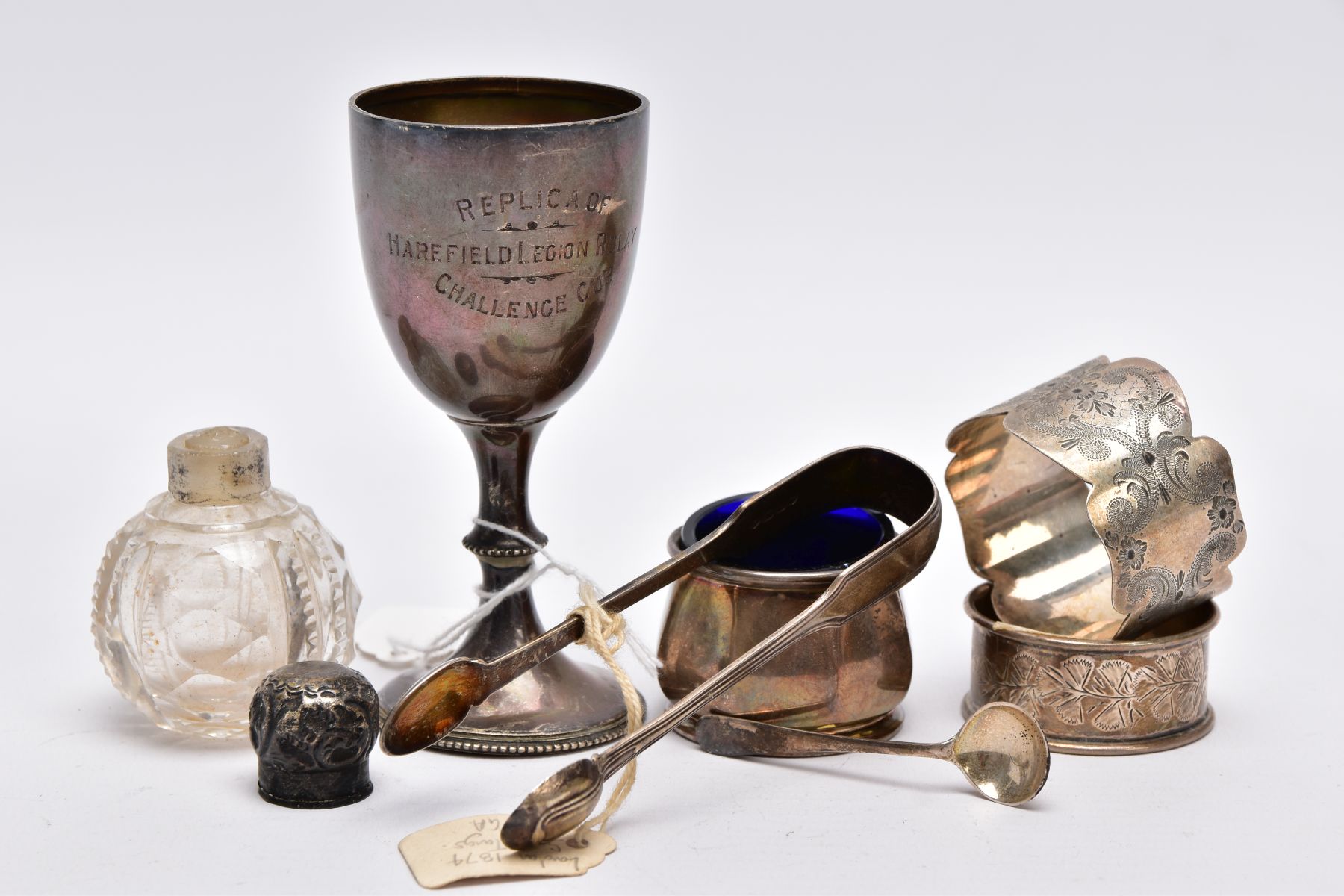 A SELECTION OF SILVER ITEMS, to include a small silver trophy cup, engraved 'Replica of Harefield - Image 2 of 4