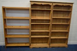 A PAIR OF PINE OPEN BOOKCASES, each with adjustable shelves, overall width 176cm x individual