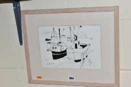 RICHARD TUFF (BRITISH 1965) 'LOOE TRAWLERS' a pen and ink sketch of boats in Looe harbour, signed