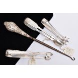 THREE PAIRS OF SILVER SUGAR TONGS AND A BUTTON HOOK, to include a pair of Victorian Fiddle pattern