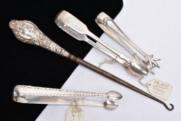 THREE PAIRS OF SILVER SUGAR TONGS AND A BUTTON HOOK, to include a pair of Victorian Fiddle pattern