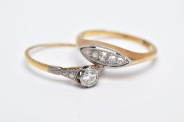TWO YELLOW METAL DIAMOND RINGS, the first designed as a single stone diamond ring, set with a