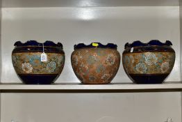 A PAIR OF ROYAL DOULTON SLATERS PATENT STONEWARE JARDINIERES AND ANOTHER SIMILAR, all three with