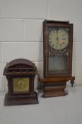 A DISTRESSED MAHOGANY MANTEL CLOCK, with a brass 5inch dial, along with a distressed walnut and