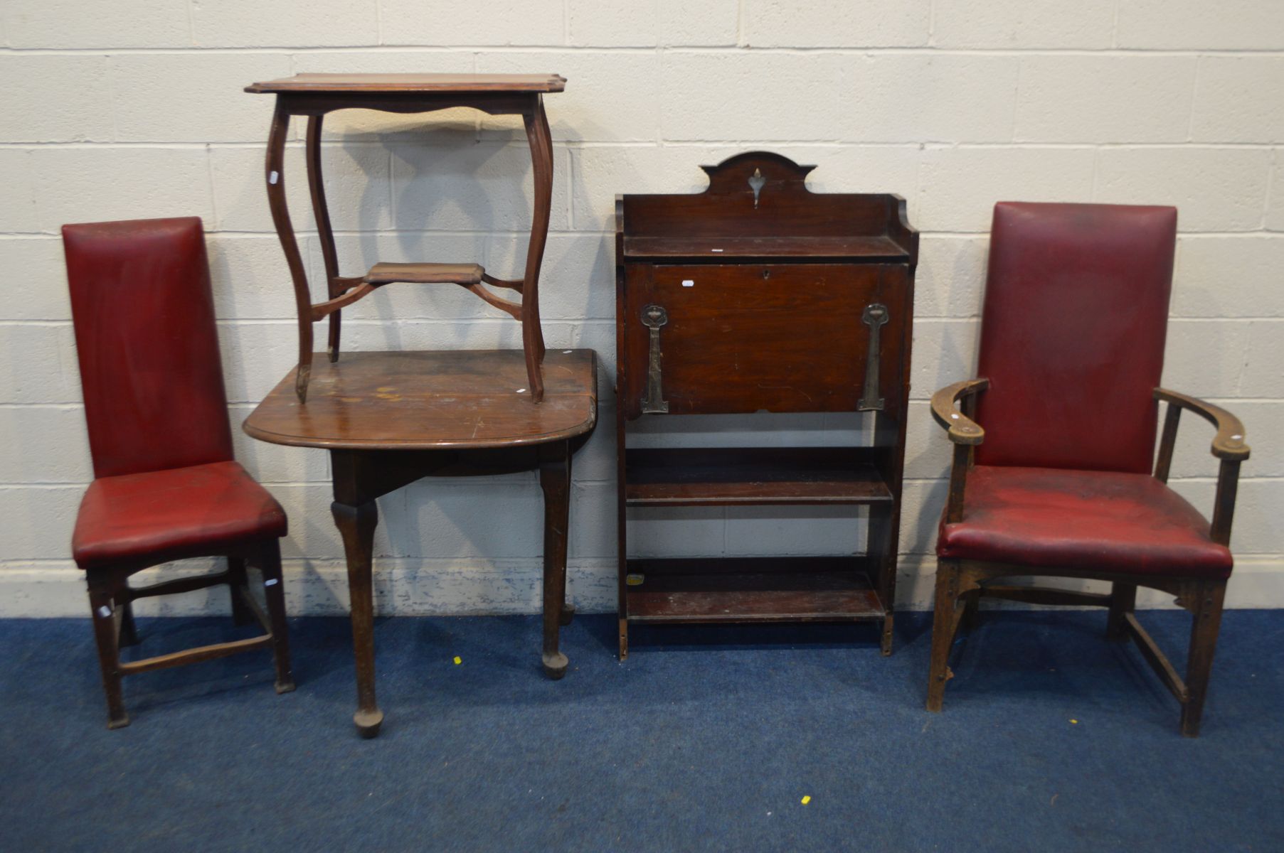 AN ART NOUVEAU MAHOGANY FALL FRONT BUREAU (Sd, losses) along with an oak gate leg table,