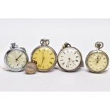 THREE OPEN FACED POCKET WATCHES, A STOP WATCH AND A COMPASS, to include a silver open faced pocket