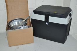 A HALFORDS FD-28B-12 CAR COOL BOX with car adapter (untested) together with a pressure cooker and
