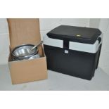 A HALFORDS FD-28B-12 CAR COOL BOX with car adapter (untested) together with a pressure cooker and