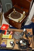 A WALNUT CASED PYE HIFI AND A CASED FERROGRAPH IN GREEN, together with a box containing a boxed