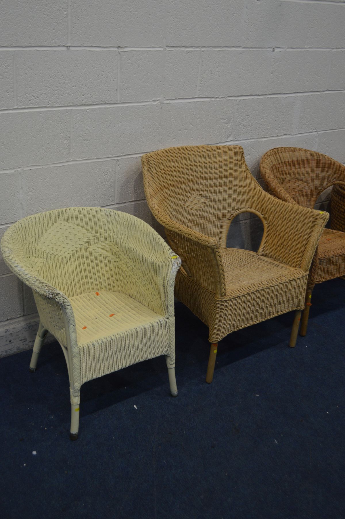 THREE WICKER BASKET CHAIRS, including a painted Lloyd loom chair, and an ali baba linen basket (4) - Image 3 of 3