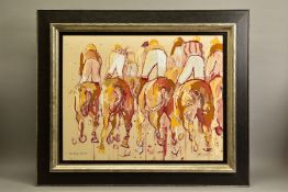 TIM STEWARD (BRITISH CONTEMPORARY) 'EARLY MORNING, NEWMARKET' race horses exercising, signed