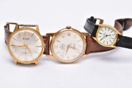 THREE WRISTWATCHES, to include a ladies 'Omega' with a rounded square white dial signed 'Omega